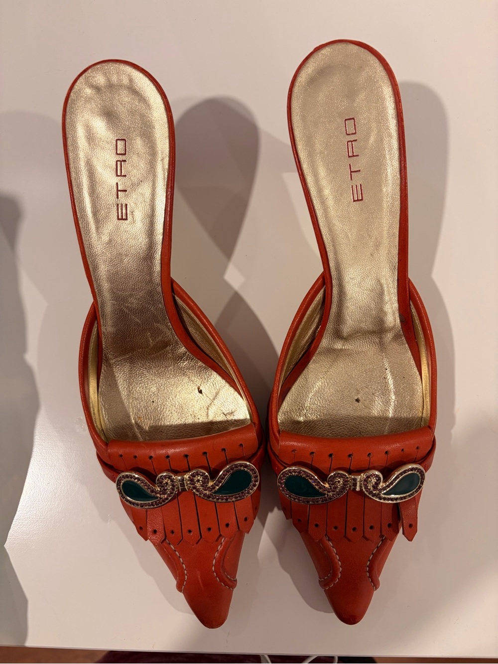 Etro Orange Leather Pointed Mules with Green Jewel Accents